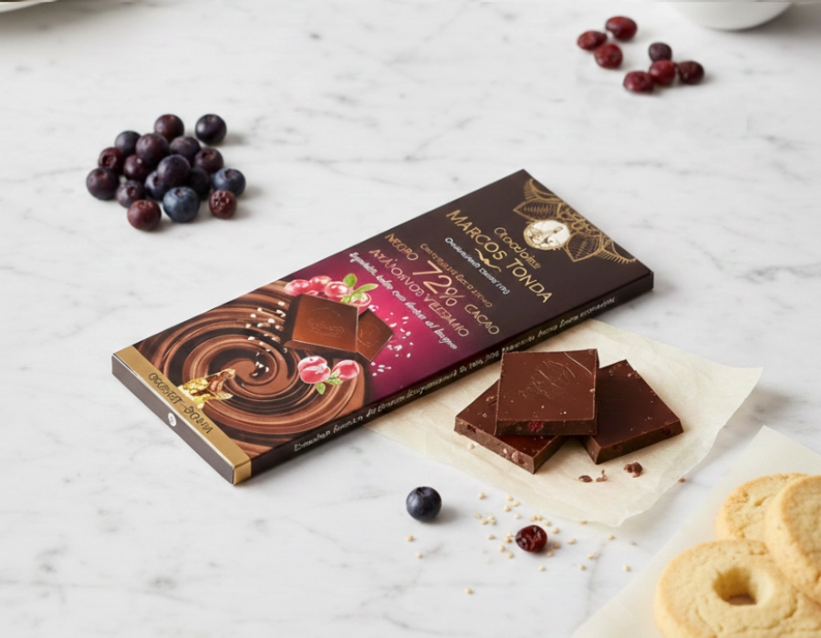 [DEL-0076] Gourmet pure chocolade Boama met blauwe bessen en sesam
