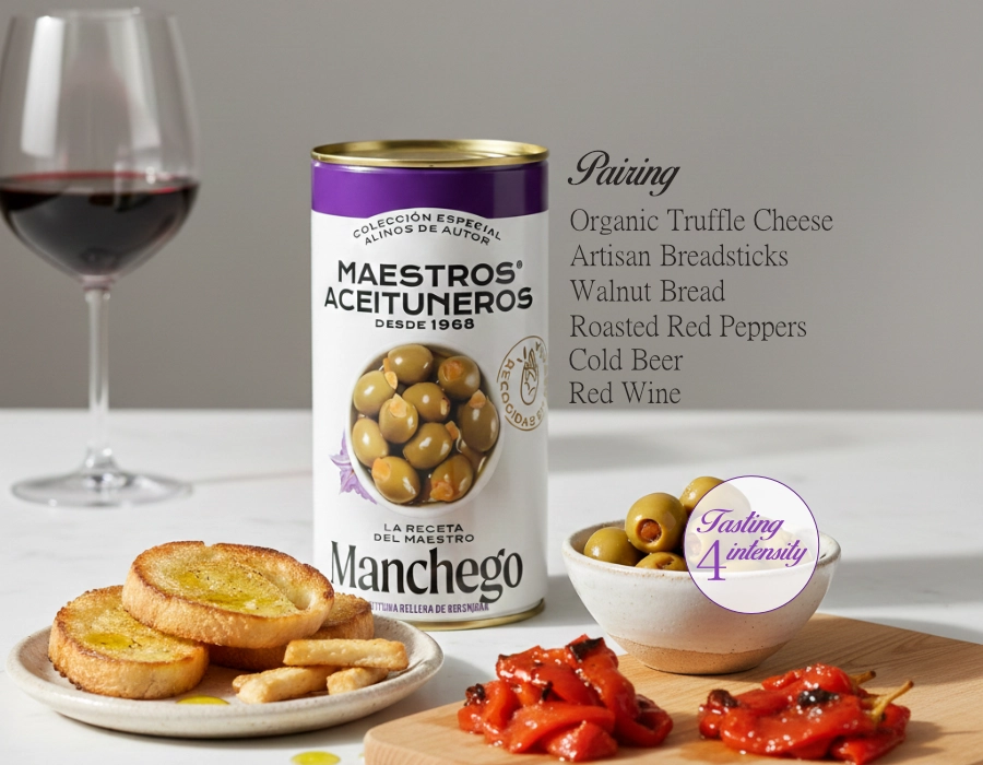 [DEL-0085] Groene olijven gevuld met aubergine "Maestro manchego"
